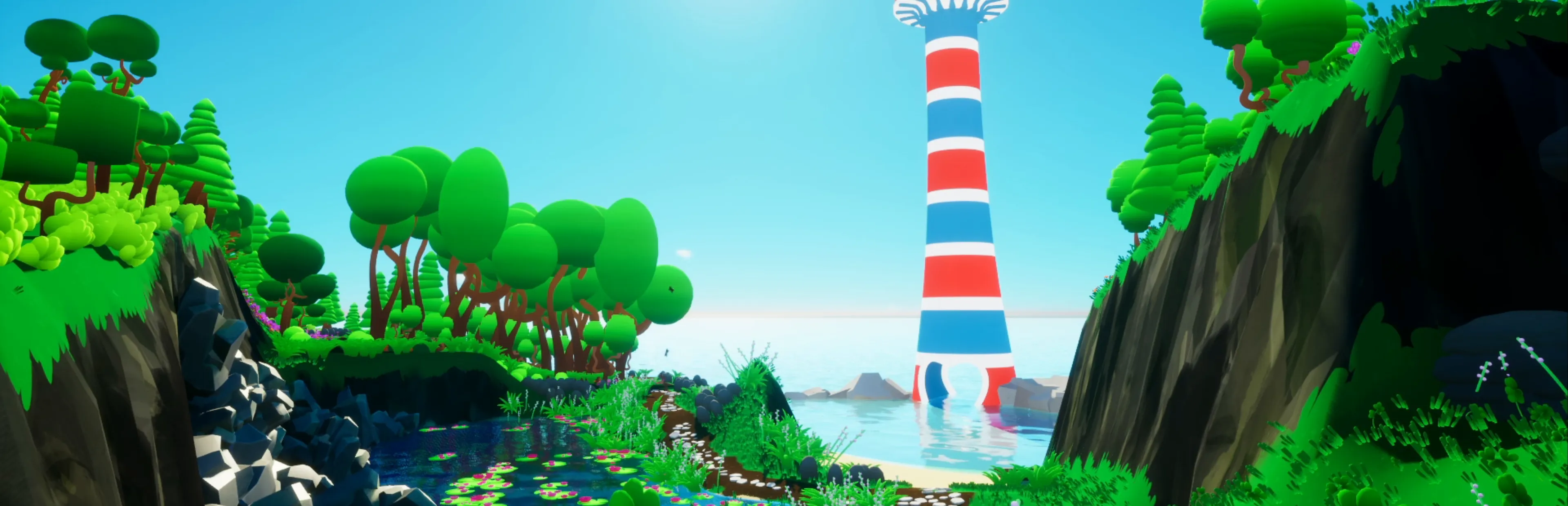 Key art from Shrommzzz: a striped lighthouse on a green island