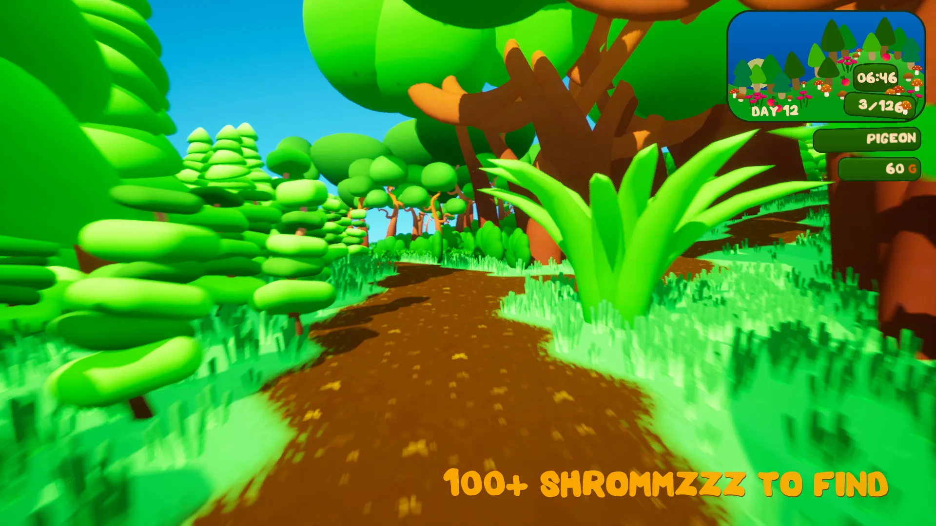 Foraging along a sunlit forest path, with 100+ shrommzzz to find